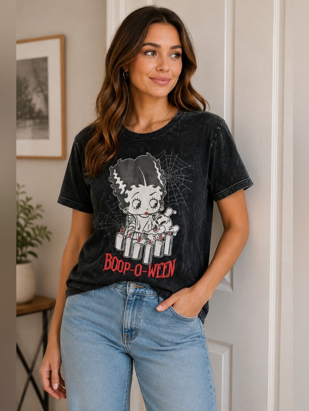 Betty Boop Black Graphic Tee with Red 'Boop-O-Ween' Print